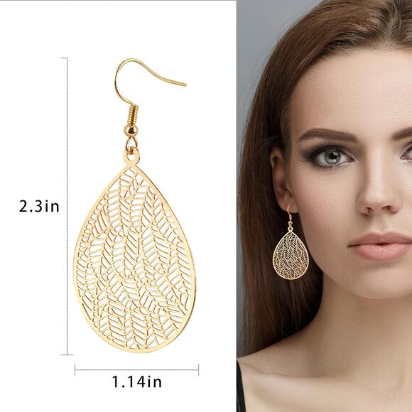 14K Gold Plated Teardrop Drop Dangle Earrings Gold Leaf Earrings for Women - Picture 3 of 5